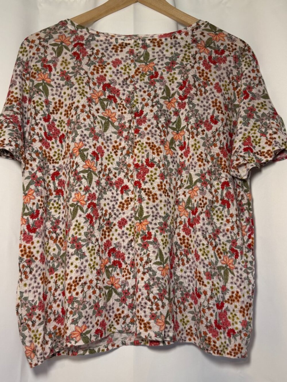 Loft Linen Short Sleeve Blouse Womens L Floral Red Pink Green Orange Flutter EUC - Picture 2 of 8